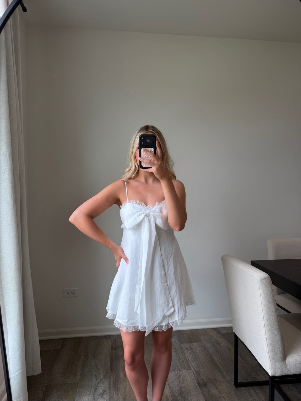 White Lace Bow-Front Mini Dress with Spaghetti Straps